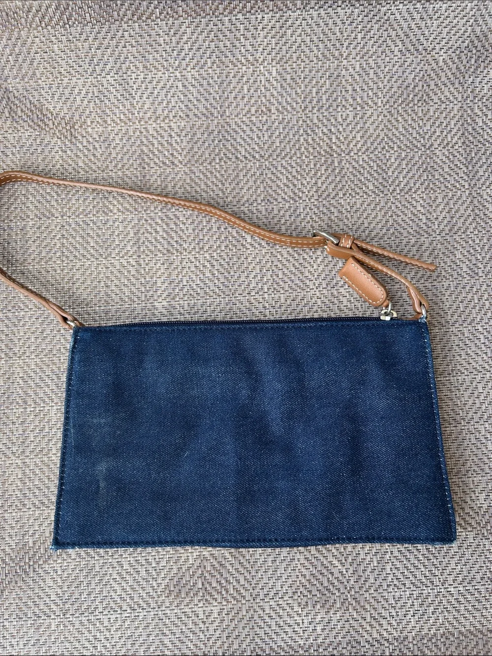 Charter Club Navy Denim mini bag with Blue Floral Embroidery and Tan Strap.